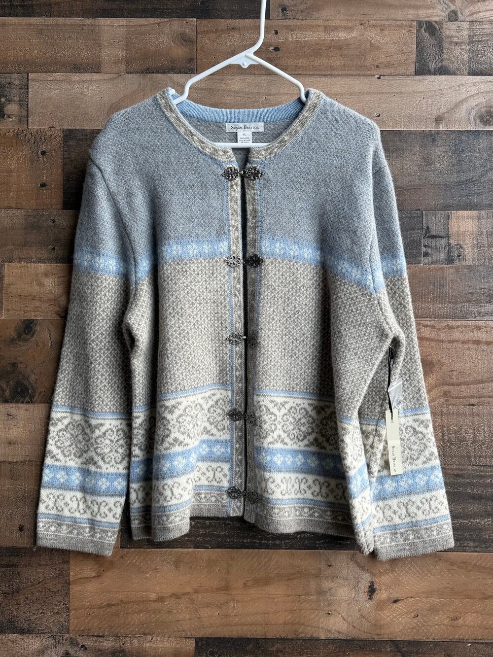 NWT Susan Bristol XL 100% Wool Nordic Fair Isle Cardigan Sweater - Metal Clasps
